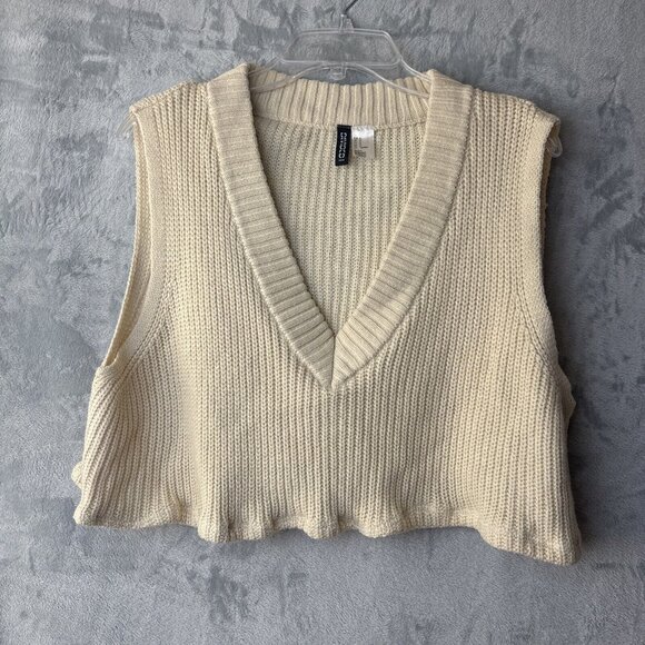 H&M Sweaters - H&M Divided Sweater Vest Size Med Womens V Neck Cream Beige Cropped Ruffle